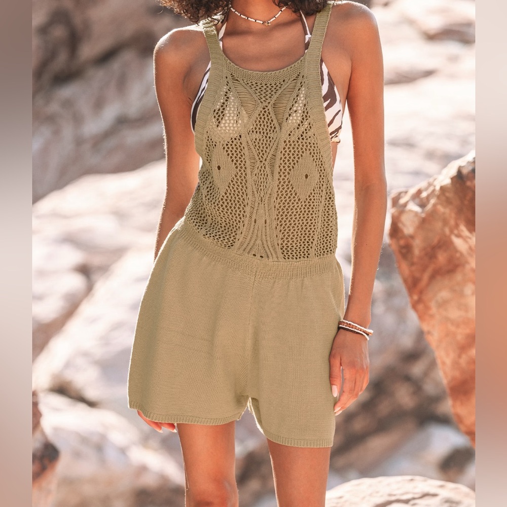 Popvil CUPSHE Khaki Crochet Sleeveless Loose Leg Romper Cover Up Size XL